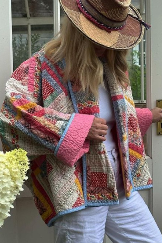 Loose Cardigan Quilted Colorblock Plaid Cotton Jacket