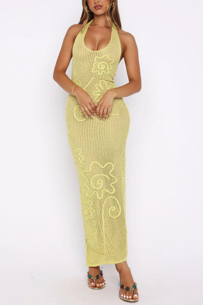 Solid Color Openwork Knit Backless Slim Fit Vacation Cover-up Maxi Dress