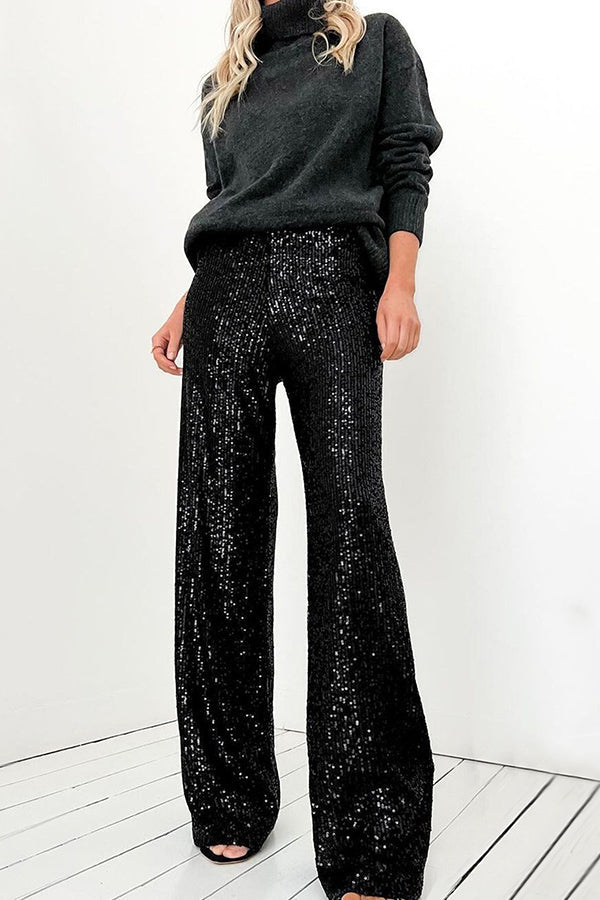 Solid color sequined fashionable casual straight pants
