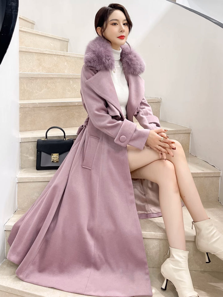 Full Length Flared Woolen Coat White Faux Fur Collar Classic Lapel Belted Slim A-line Winter Maxi Coat 2026