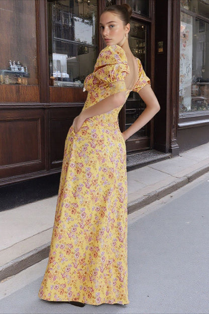 Floral Print Square Neck Puff Sleeve Tie Maxi Dress
