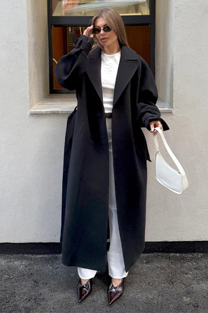 Extra-Long Wool Tie-Waist Loose Overcoat