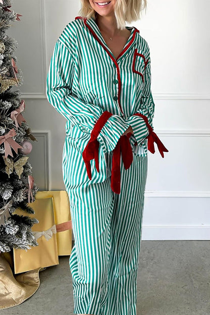 Striped Printed Color-blocked Trim Long-sleeved Loose Top and Elastic Waist Belt Wide-leg Pants Set