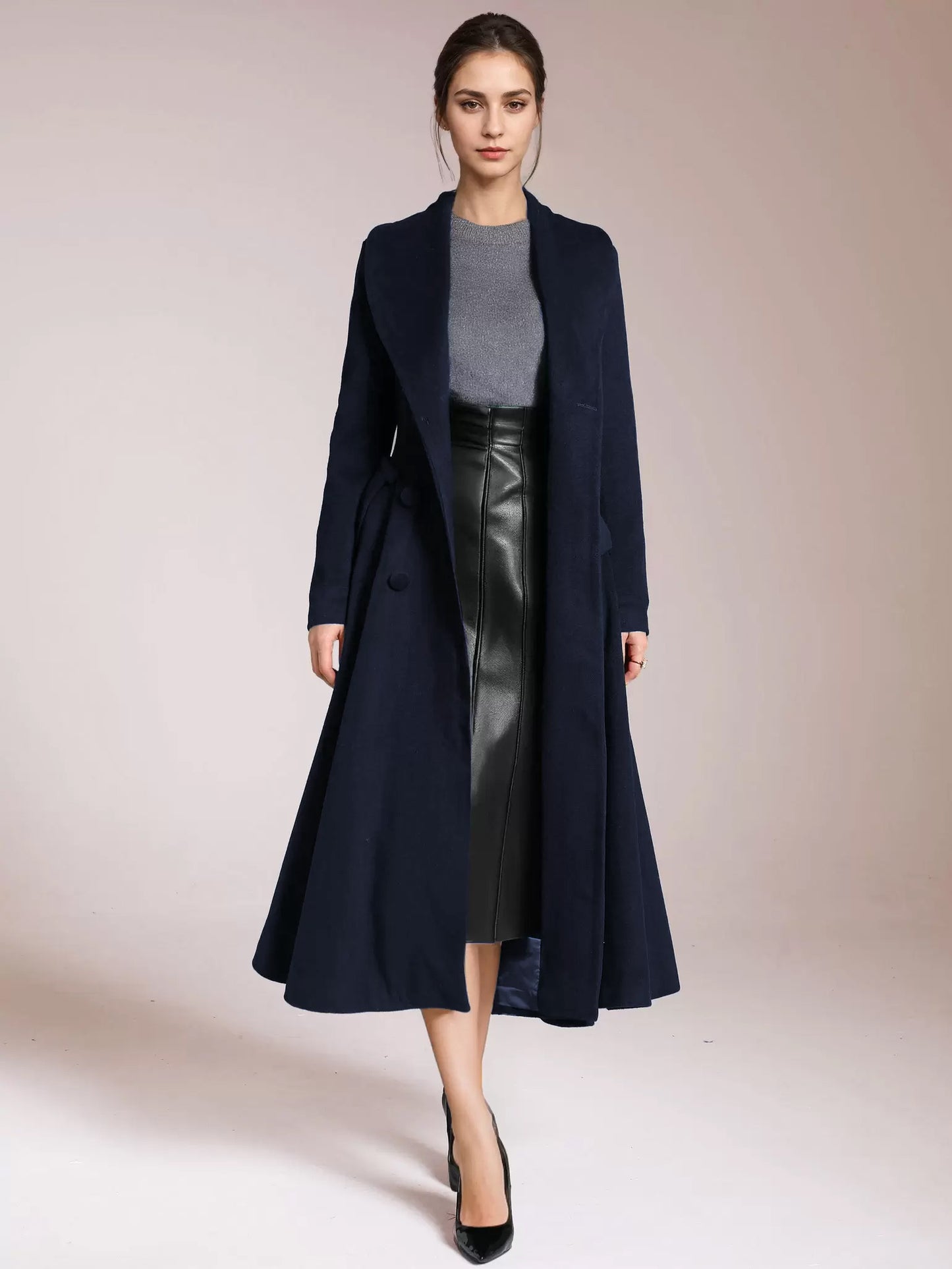 Burgundy Woolen Flared Coat Vintage Shawl Collar Double-breasted Winter A-line Outerwear For Women 2026