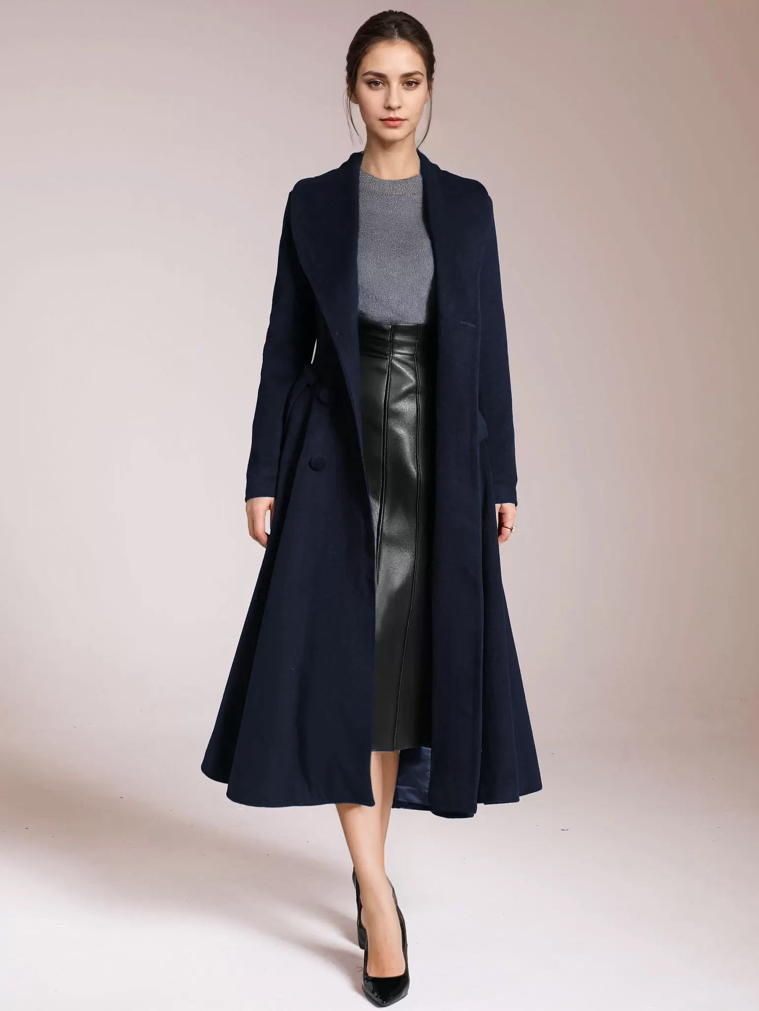 Burgundy Woolen Flared Coat Vintage Shawl Collar Double-breasted Winter A-line Outerwear For Women 2026