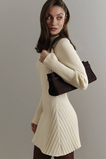 Rib-Knit Mock Neck Long Sleeve A-Line Mini Sweater Dress