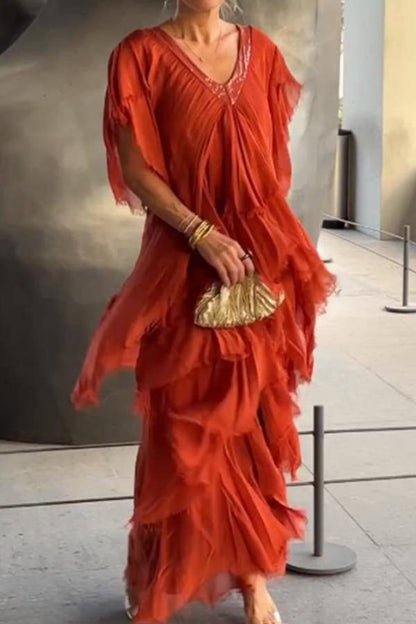 Elegant V-neck Fashionable Cake Long Dress