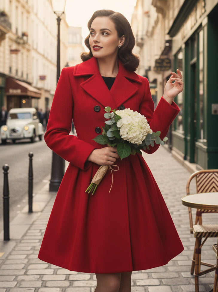 Retro Red 1950s Double-Breasted A-line Woolen Coat For Women 2026