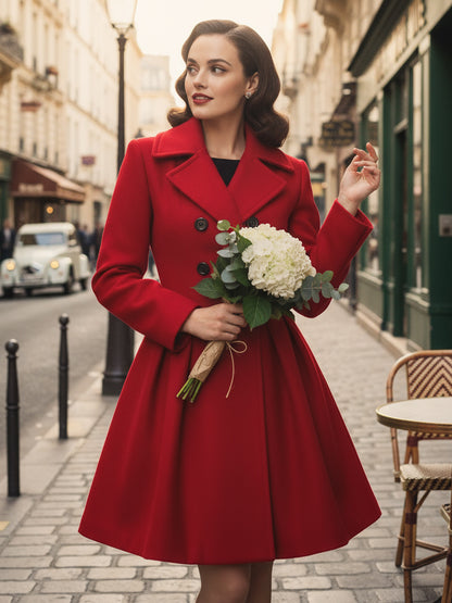 Retro Red 1950s Double-Breasted A-line Woolen Coat For Women 2026