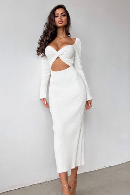 Rib Knit Long Sleeve Cross Back Cut Out Bodycon Maxi Sweater Dress