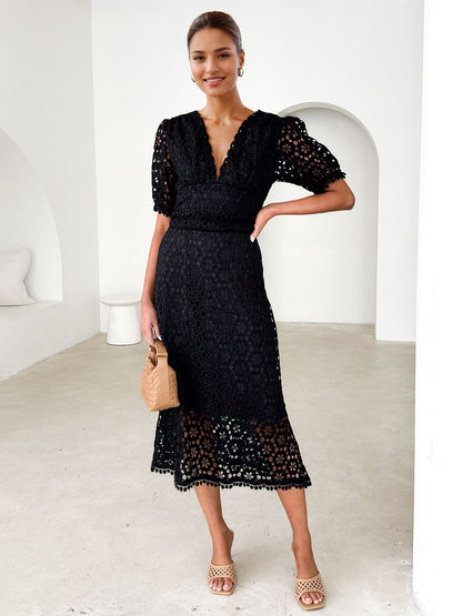 Lace Dress V-neck Puff Sleeve A-line Midi Dress For Women 2026