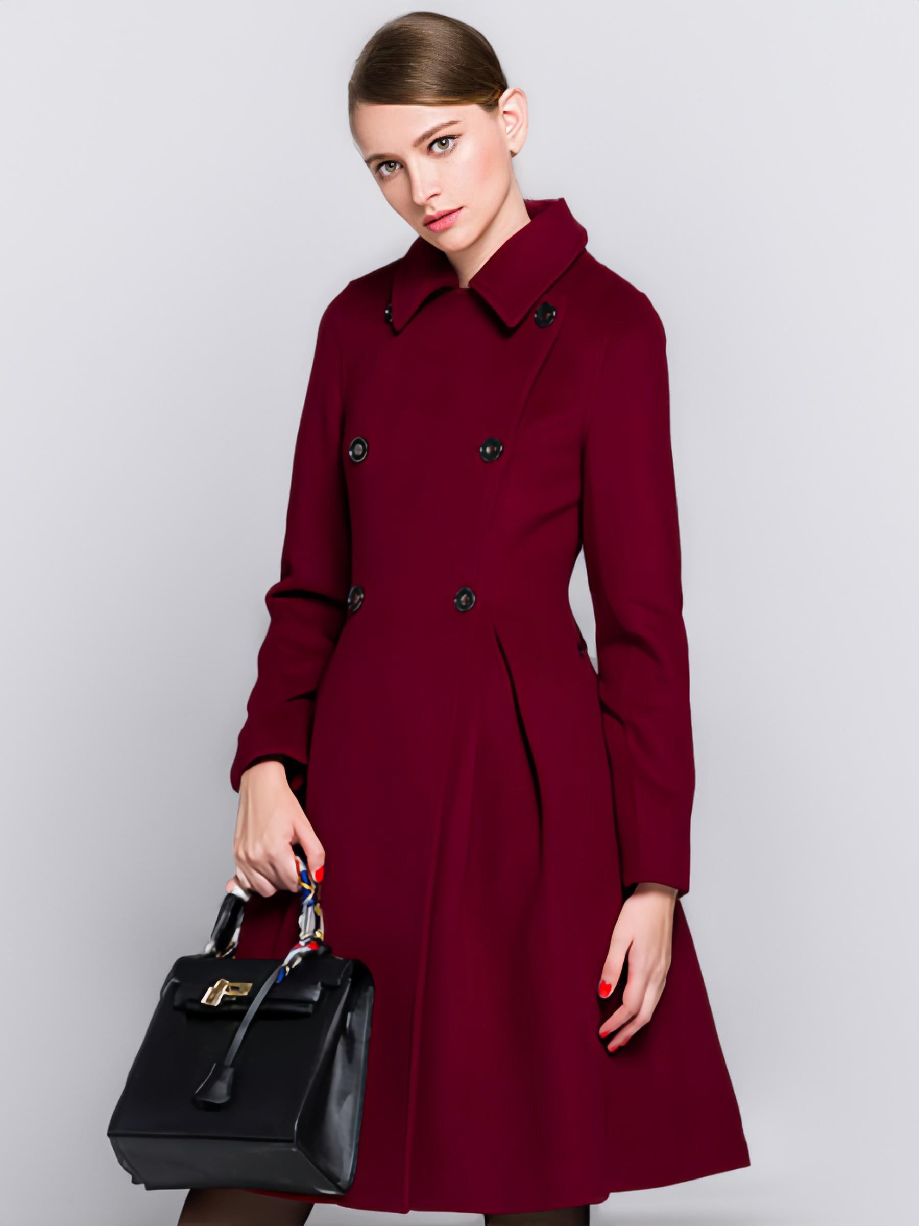Flared Woolen Coat In Burgundy Double-Breasted Turndown Collar A-line Winter Midi Outerwear For Women 2026