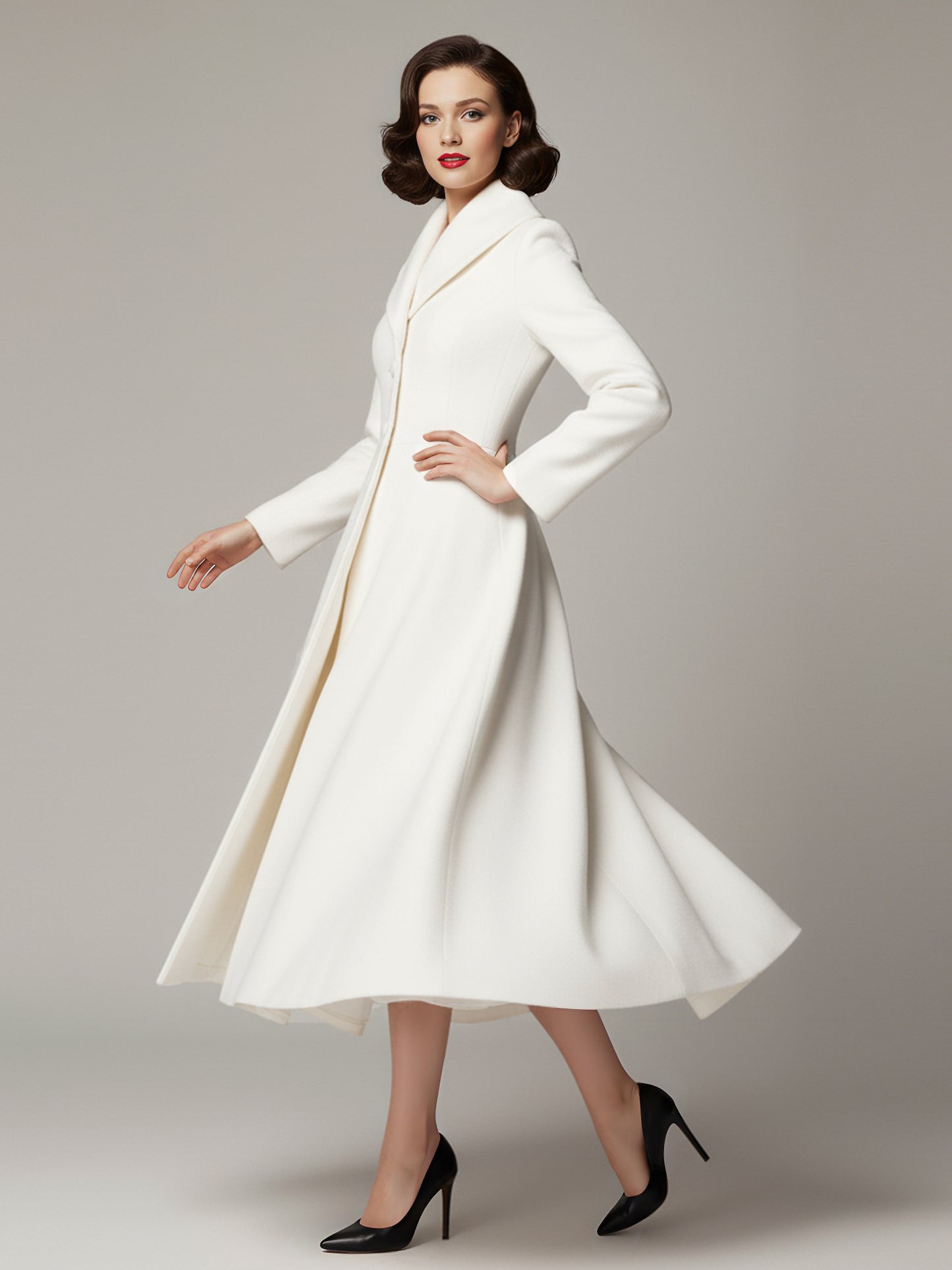 Vintage Unique Lapel A-line Woolen Flared Coat In White For Women 2026