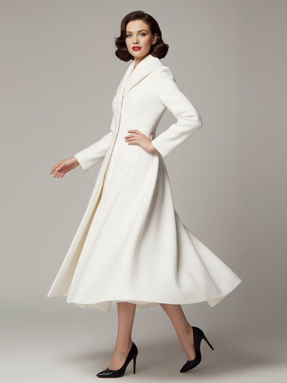 Vintage Unique Lapel A-line Woolen Flared Coat In White For Women 2026