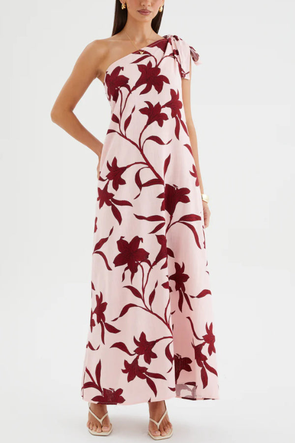Botanical Print Sleeveless One-shoulder Tie-up Casual Vacation Maxi Dress