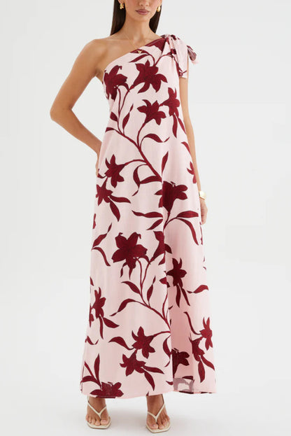 Botanical Print Sleeveless One-shoulder Tie-up Casual Vacation Maxi Dress
