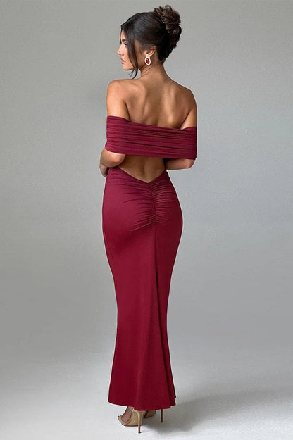 Solid Off Shoulder Ruched Formal Dress