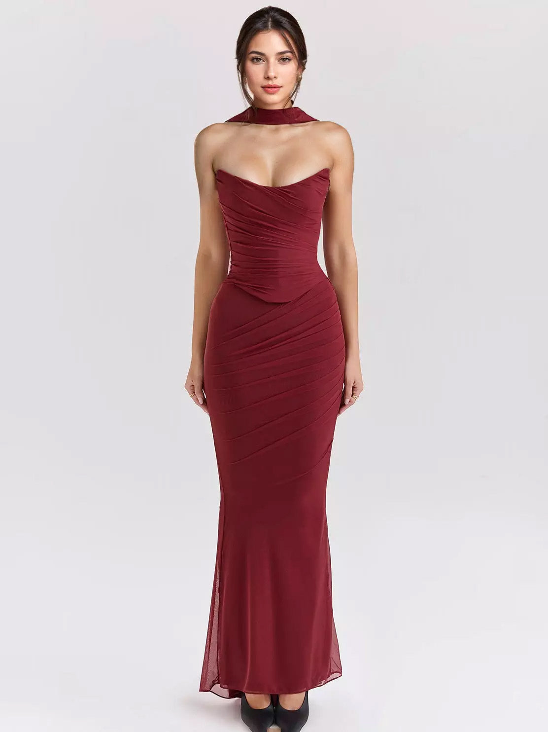 Strapless Corset And Mesh Maxi Skirt And Neck Scarf Party 3 Piece Co-ord Set For Women 2026