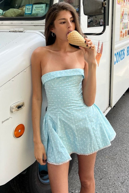 Polka Dot Strapless Fold-Over Neck Pleated A-Line Scalloped Lace Trim Mini Dress