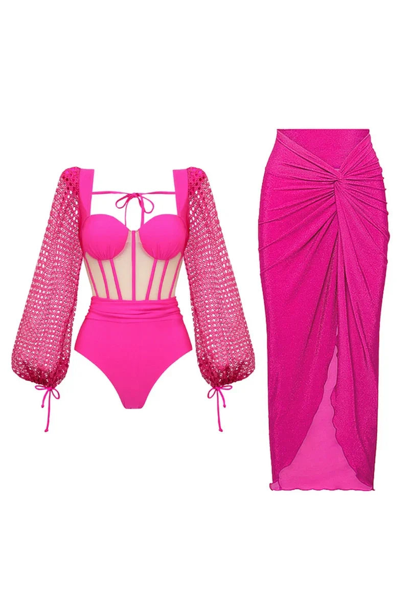 Fluorescent Pink Backless Swimsuit Set