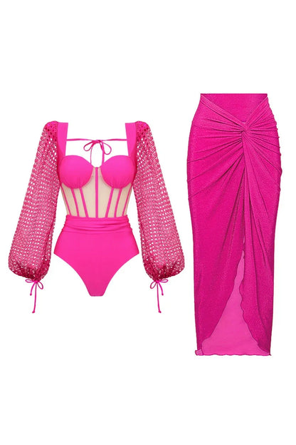 Fluorescent Pink Backless Swimsuit Set