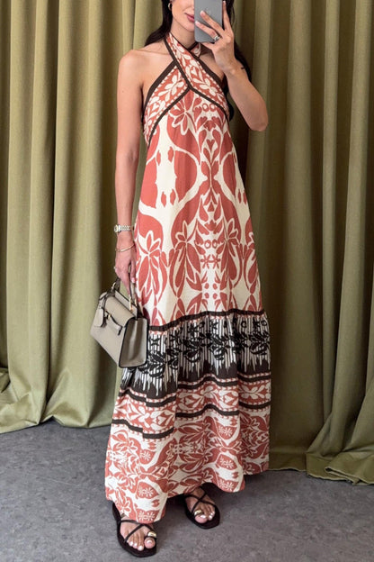 Bohemian Style Unique Print Halter Neck Casual Vacation Maxi Dress