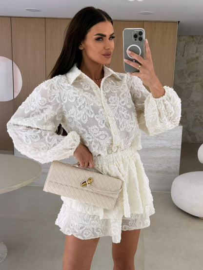 Jacquard Two Piece Co-ord Set Long Sleeve Shirt And Layered Shorts 2026