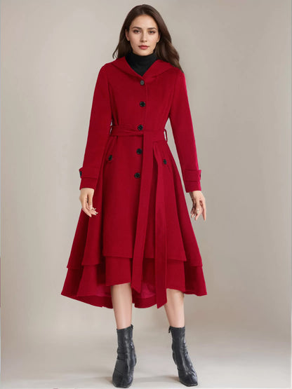 Woolen Flared Coat For Woman Hooded Belted A-line Vintage Winter Midi Outerwear 2026