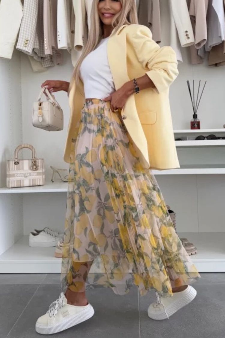 Summer Lemon Print Elastic Waist Tulle Holiday Midi Skirt