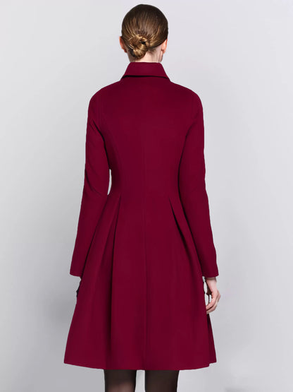 Flared Woolen Coat In Burgundy Double-Breasted Turndown Collar A-line Winter Midi Outerwear For Women 2026