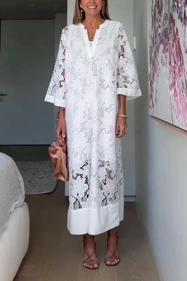 Confidence and Adventure Flower Lace V-neck Bell Sleeve Loose Midi Dress