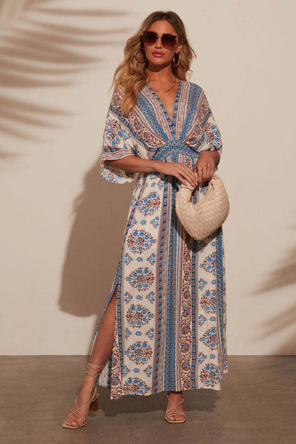 Floral Print V-neck Short Sleeve Maxi Dress
