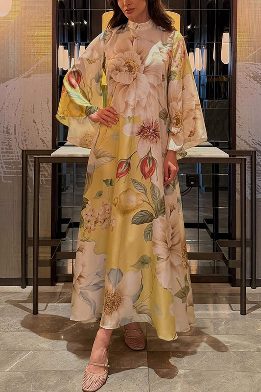 Serene Refinement Color-block Floral High Neck Long Sleeve Fluid Kaftan Maxi Dress