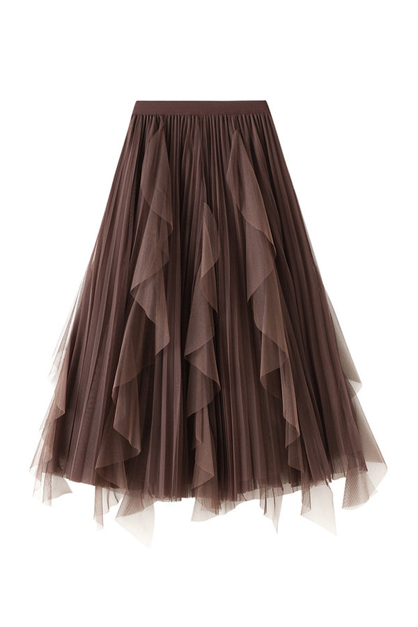 High-waisted ruffled patchwork mesh skirt