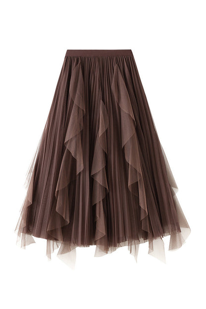High-waisted ruffled patchwork mesh skirt
