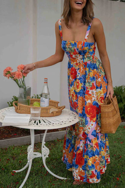 Style Lover Square Neck Adjustable Straps Floral Maxi Dress