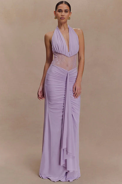 Halter Plunging V-Neck Lace Panel Ruched Drape Maxi Gown