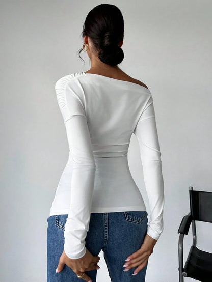 A-line Shoulder Long Sleeve Slim Knitted T-shirt Women