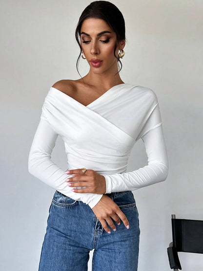 A-line Shoulder Long Sleeve Slim Knitted T-shirt Women