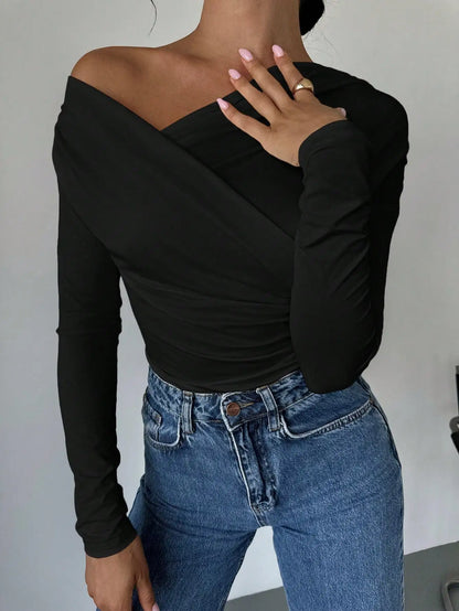 A-line Shoulder Long Sleeve Slim Knitted T-shirt Women