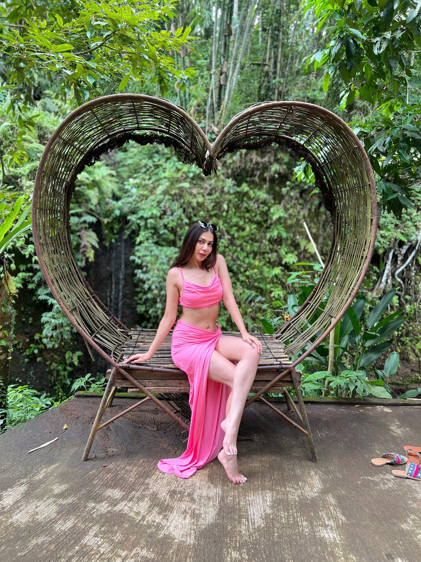 Ruched Spaghetti Strap Crop Top & High Slit Skirt Coord Set