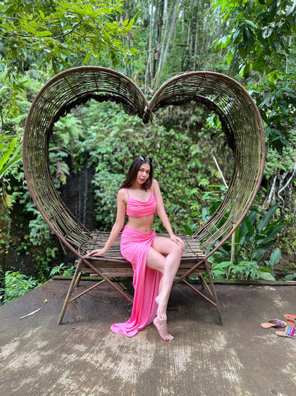 Ruched Spaghetti Strap Crop Top & High Slit Skirt Coord Set