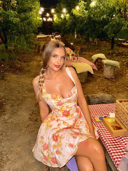 Floral Print Flare Short Irregular Neck Cinch Waist Dress