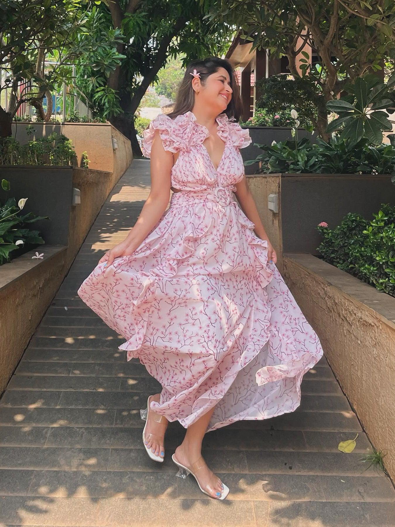 Floral Print Hollow Out Cutout Deep V Plunge Ruffled Backless Dress