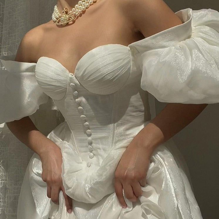 Off Shoulder Puff Sleeve Corset Button Front Ball Gown