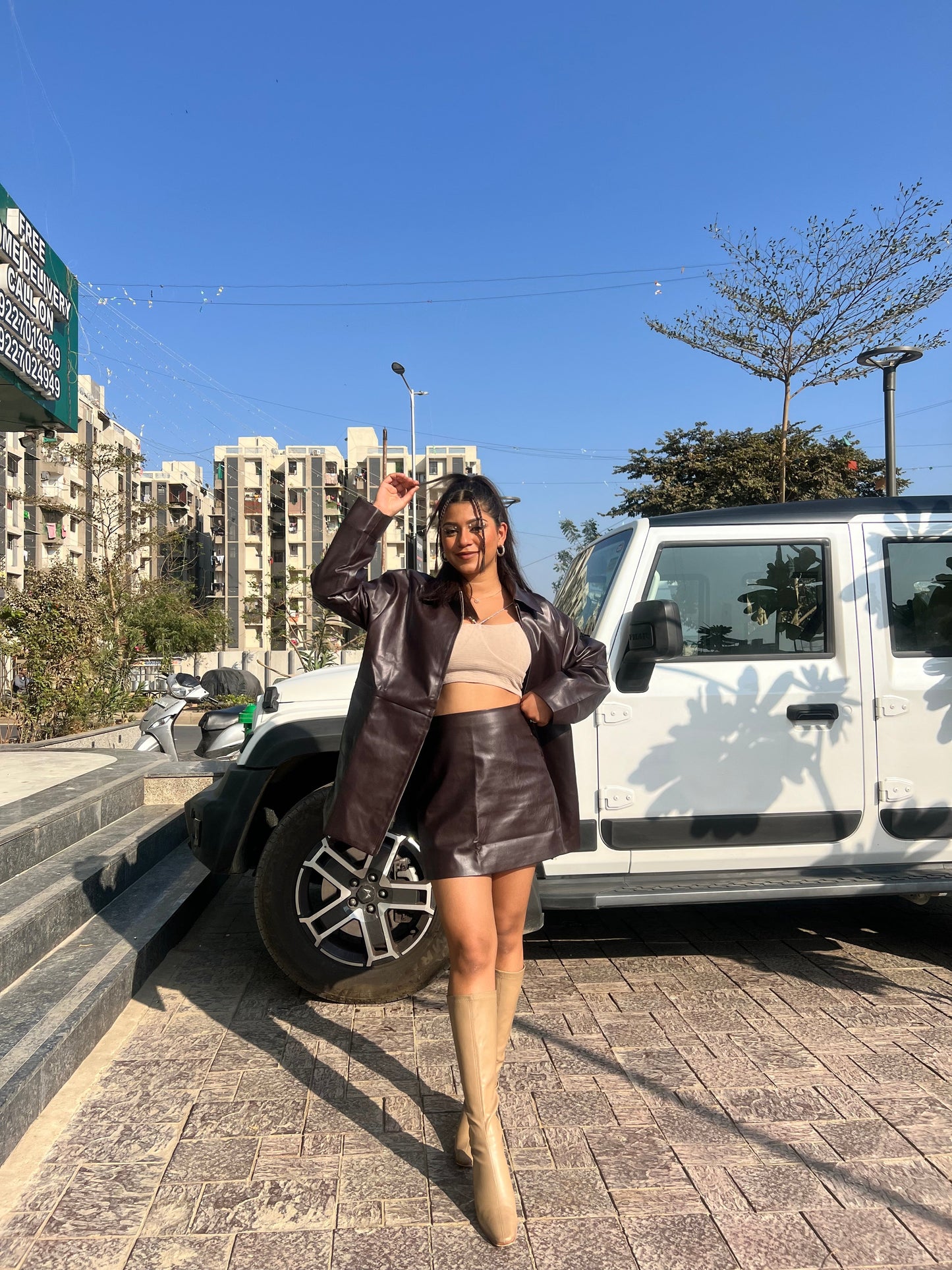 Leather Long Jacket & Short Skirt Coord Set