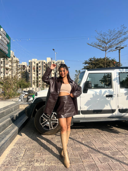 Leather Long Jacket & Short Skirt Coord Set