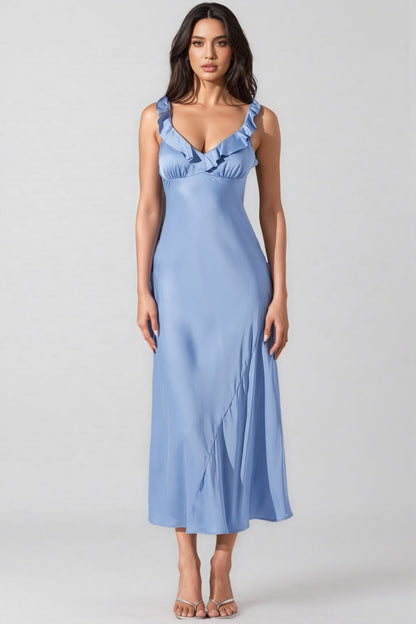 Anyat Blue Satin Ruffle Midi Dress