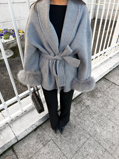 Gray Wool Coat with Fur