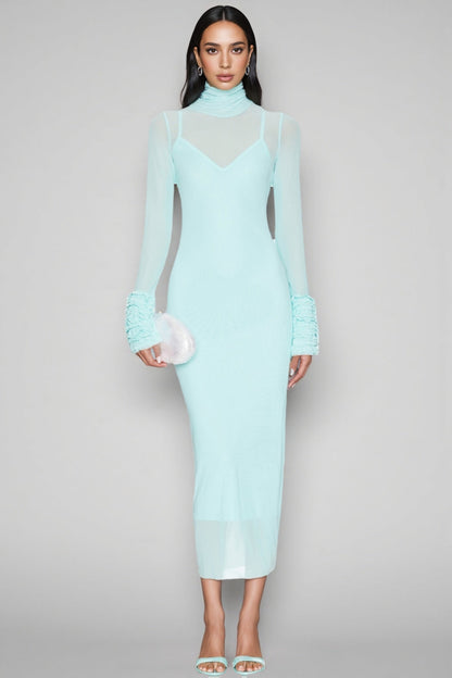 Abrife Blue Sheer Mesh Maxi Dress